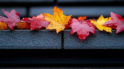 autumn leaves filling a residential gutter before winter season begins, capturing the transition from fall to winter as vibrant foliage decays, highlighting seasonal change and home maintenance