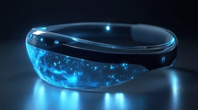A futuristic headband designed for sleep tracking, monitoring brain activity and sleep stages, with holographic projections of sleep metrics like duration and sleep score displayed in mid-air