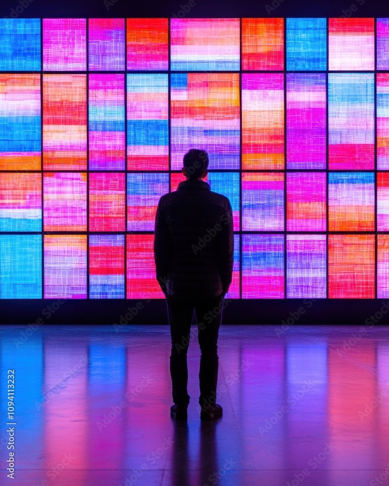 Poster a person stands in front of a vibrant, illuminated wall of colorful panels, creating a striking visu