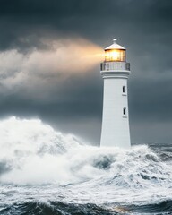 Obraz premium A striking lighthouse stands tall against stormy waves, its beacon shining through dark clouds, symbolizing hope and resilience amid turbulent seas.