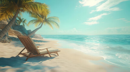 Tropical Beach Scene with Palm Trees and Lounge Chair 3D Illustration