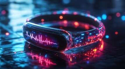 A futuristic smart watch monitoring health metrics such as sleep quality, stress levels, and heart rate, with a 3D holographic display showing personalized insights