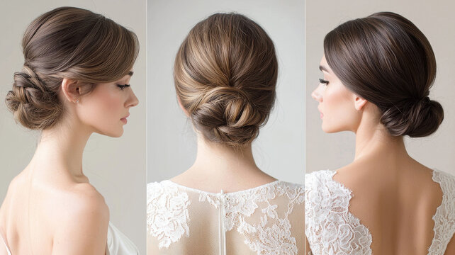 Elegant low chignon hairstyles showcase sleek, sophisticated look with hair neatly styled into bun at nape of neck, perfect for formal occasions