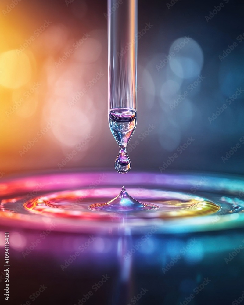 Poster a colorful drop of water falls from a pipette, creating ripples in a vibrant, illuminated surface.