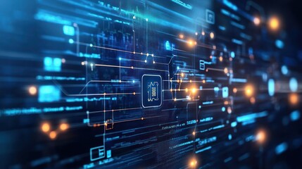 A healthcare system where blockchain technology secures patient data, with digital screens showing transparent data sharing between hospitals and encrypted medical records