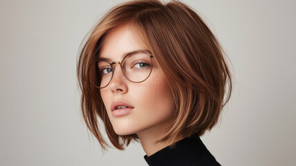 woman with sleek and straight chin length bob cut, wearing glasses and black turtleneck, gazes confidently. Her hairstyle is modern and stylish, complementing her overall look