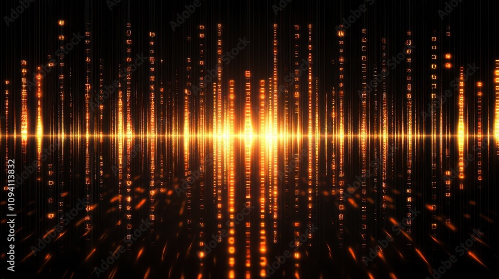 Poster abstract visualization of sound waves with glowing orange and yellow elements.
