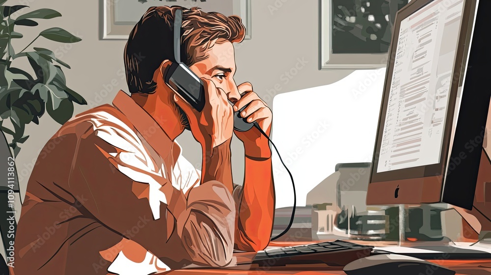 Poster a businessman on a phone call while working at his computer