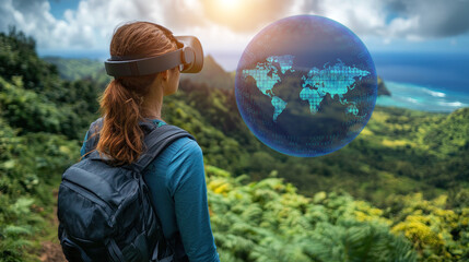 A hiker uses a fitness tracker to navigate terrain while checking elevation, distance, and energy expenditure, with live data displayed in virtual reality.