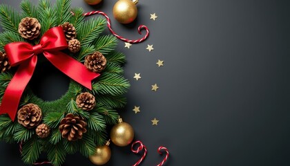Classic holiday decoration with Christmas wreath red ribbons pinecones and golden ornaments arranged on a black background leaving room for personalized text.