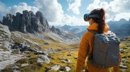 A hiker uses a fitness tracker to navigate terrain while checking elevation, distance, and energy expenditure, with live data displayed in virtual reality.