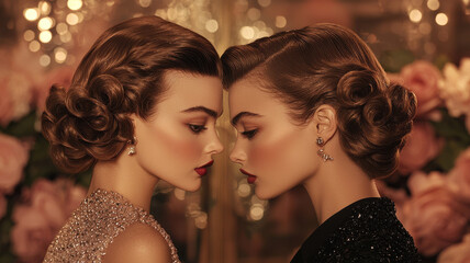 Two elegant women with vintage hairstyles and glamorous attire stand closely, reflecting timeless beauty amidst backdrop of soft, glowing lights and delicate flowers