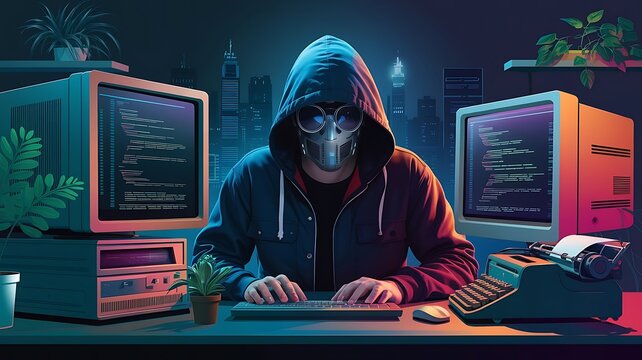 Cybercrime, hacker and thinking at computer for virus, overlay and futuristic at desk. Male criminal, hoodie and ready for coding, cyber attack and programming for malware with tech, scam and data
