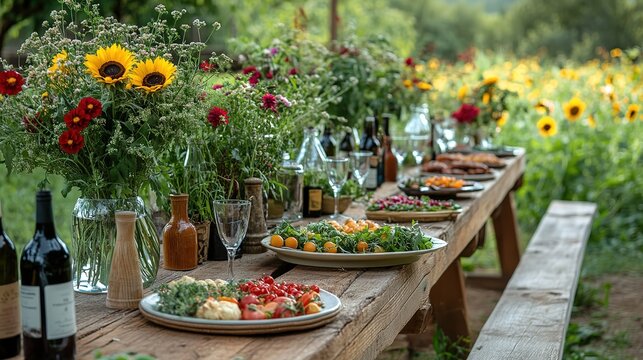 Rustic outdoor farm-to-table dinner party with sunflowers, wine, and fresh food.