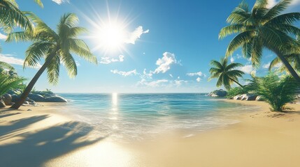 A serene beach scene with palm trees and a bright sun over calm waters.