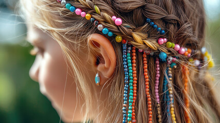 child hair is intricately braided with colorful beads, creating vibrant and playful look. bright beads add touch of whimsy and charm to hairstyle, perfect for joyful occasion