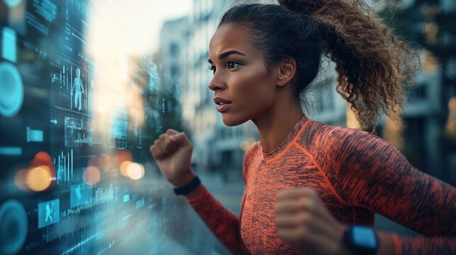 A runner using a smart ring to track steps, distance, and heart rate during a workout, with augmented reality overlays showing real-time performance and fitness goals - Powered by Adobe