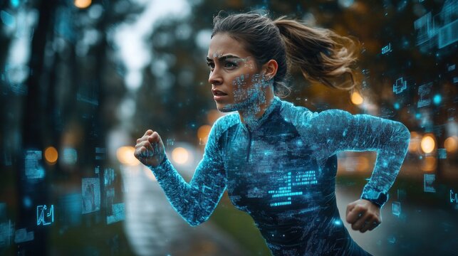 A runner using a smart ring to track steps, distance, and heart rate during a workout, with augmented reality overlays showing real-time performance and fitness goals