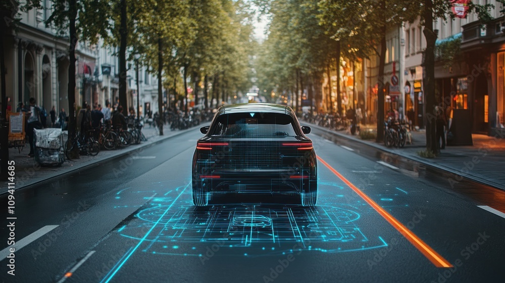 Poster a self-driving car equipped with ai technology analyzing its surroundings, with holographic displays