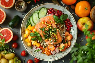 A beautiful spread of food and fresh fruits and vegetables on a table, showcasing a colorful array of natural foods and ingredients for a delicious recipe