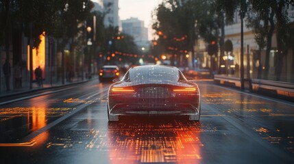 Obraz premium A self-driving car equipped with AI technology analyzing its surroundings, with holographic displays showing decision-making processes and sensor data