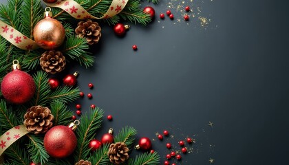 Top view of Christmas wreath with festive red and gold ornaments pinecones and a ribbon on a dark surface with ample space for personalized holiday text.