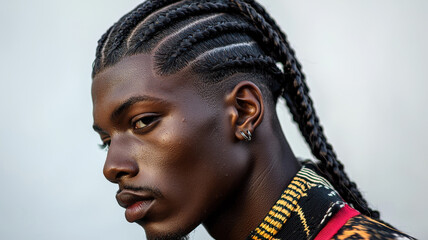 man with braided hairstyle and shaved sides looks confidently to side, showcasing contemporary and stylish appearance. His expression is calm and self assured