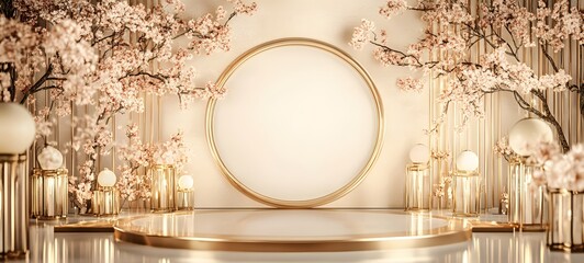 A polished podium with gold accents and floral designs, surrounded by delicate lanterns, with an...