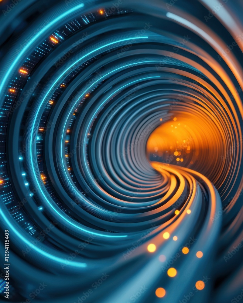 Poster a mesmerizing abstract image of a glowing tunnel, featuring vibrant blue and orange colors, creating