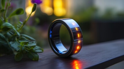 A smart ring that tracks sleep patterns, anxiety levels, and mood changes throughout the day, with real-time data displayed as holographic charts showing mental well-being and daily mood insights