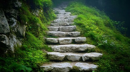 Obraz premium Serene stone steps winding through lush greenery in a misty forest.
