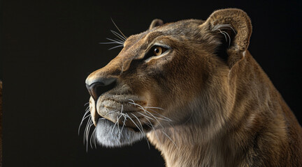 Naklejka premium Left side portrait of a lion on a black background, calm and serious, high details