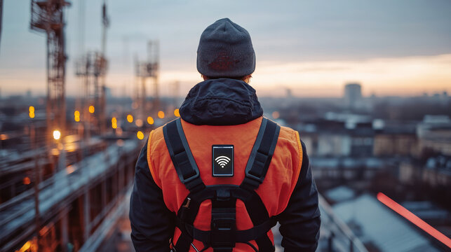 A smart safety harness worn by workers in high-risk environments that monitors movement and fall risks, with holographic alerts sent to supervisors in real time