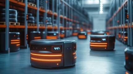 A smart warehouse where AI-driven robots sort and manage inventory, with digital interfaces monitoring workflow and efficiency in real time
