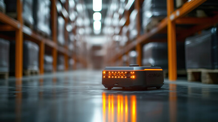 A smart warehouse where AI-driven robots sort and manage inventory, with digital interfaces monitoring workflow and efficiency in real time