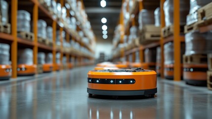 A smart warehouse where AI-driven robots sort and manage inventory, with digital interfaces monitoring workflow and efficiency in real time