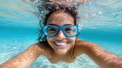 Fototapeta premium Smiling face beneath crystal-clear water, wearing blue snorkel glasses, exudes joy and adventure.