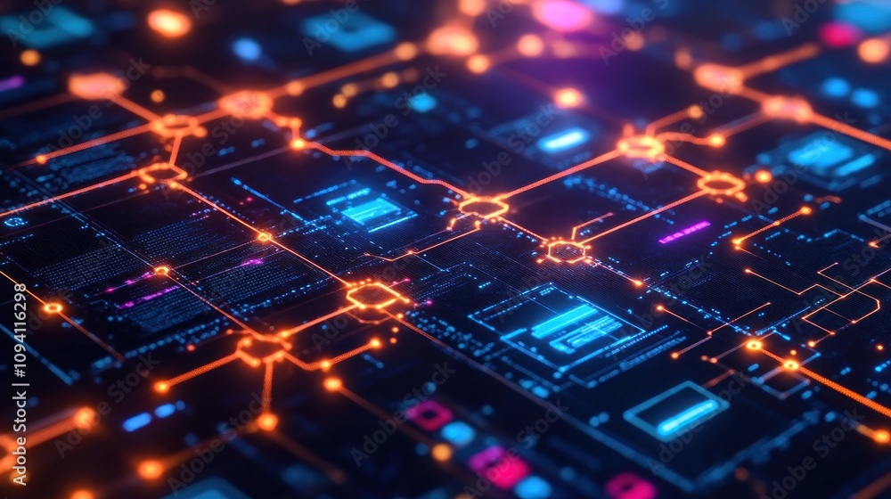 Poster a tech startup team developing blockchain-based solutions for business, surrounded by digital protot