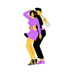 Couple dancing bachata. Man and woman actively spending time together. Dance party or Latin dance lessons. Vector illustration isolated on transparent background.