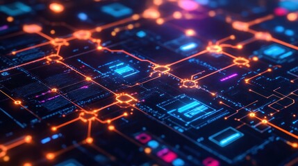 A tech startup team developing blockchain-based solutions for business, surrounded by digital prototypes of decentralized apps and secure network infrastructure