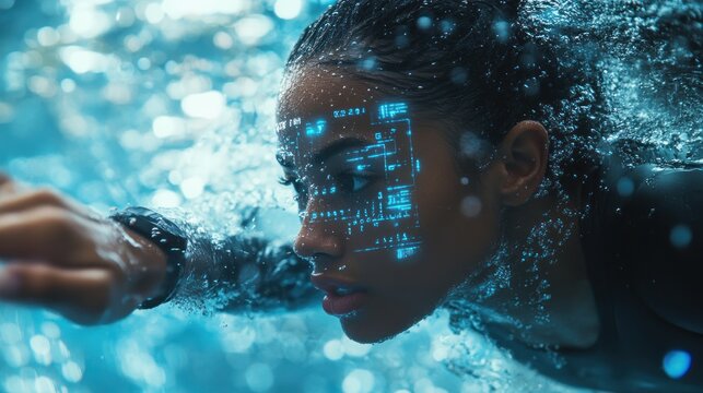 A swimmer wearing a waterproof smart watch tracking laps, strokes, and calories burned, with real-time fitness data projected above the water as they swim - Powered by Adobe