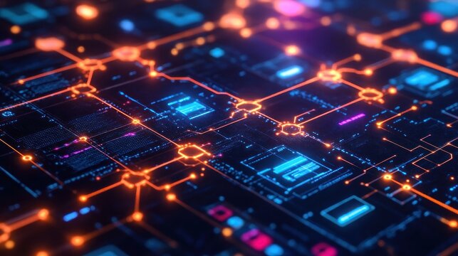 A tech startup team developing blockchain-based solutions for business, surrounded by digital prototypes of decentralized apps and secure network infrastructure