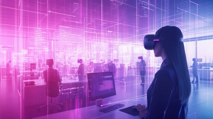 A virtual office environment where remote employees use immersive VR headsets to engage in team activities, with holographic communication tools and project updates