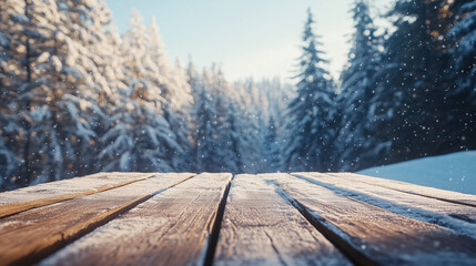 Winter christmas scenic landscape with wooden flooring strewn with snow in forest in background