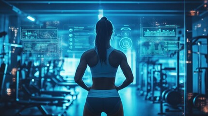 Gym goers use fitness trackers to track strength training sessions, with real-time data on reps, sets and muscle activity displayed on a futuristic interface.