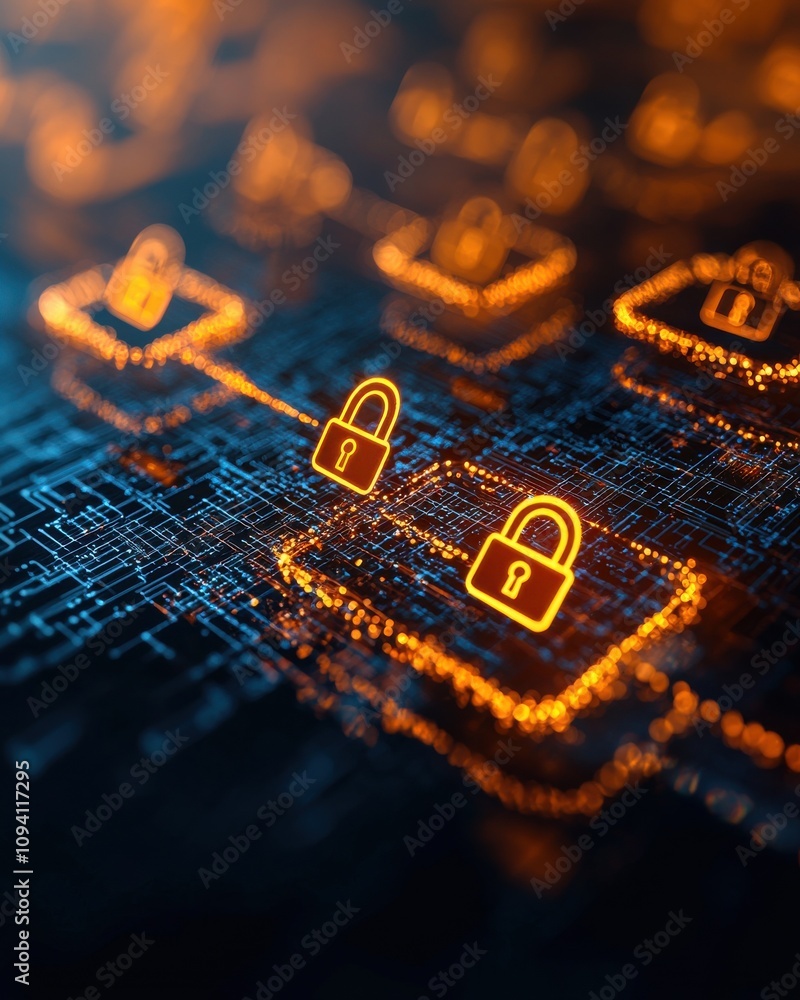 Poster a digital illustration of interconnected locks symbolizing cybersecurity and data protection in a ne
