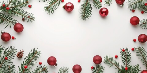  Christmas Fir Branches with Red Baubles and Copy Space