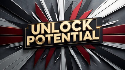 Gold text "Unlock Potential" on black background with red and white stripes radiating outwards.