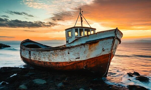 Rustic Fishing Boat on Rocky Shore at Sunset Epitomizing Maritime Heritage and Coastal Mystique : Generative AI