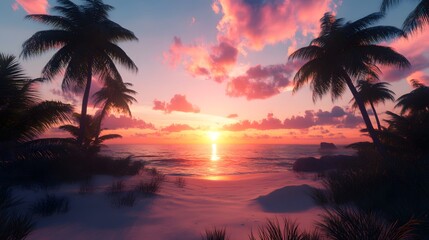 Serene sunset over a tropical beach with palm trees and vibrant colors.